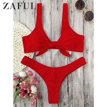 ZAFUL Bikini Knyttede Polstret g-streng Bikini Sæt Kvinder Badetøj Badetøj Scoop Hals Solid High Cut badetøj Brasilianske Biquni
