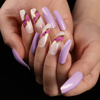 24pcs kunstige negle med lim Svimmel guld pulver lilla Ballet Manicure patch tryk på negle med design til kvinde