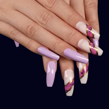 24pcs kunstige negle med lim Svimmel guld pulver lilla Ballet Manicure patch tryk på negle med design til kvinde