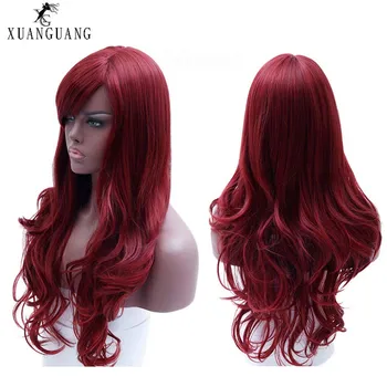 XUANGUANG Dame paryk røde lange hår paryk syntetisk bølget sort side en del hea resistente cosplay paryk rød
