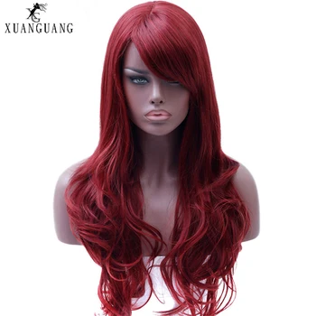 XUANGUANG Dame paryk røde lange hår paryk syntetisk bølget sort side en del hea resistente cosplay paryk rød