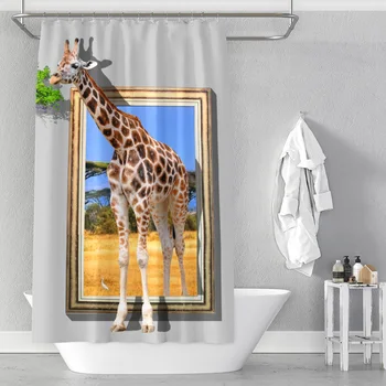 Græsning giraf polyester trykte vandtæt badeforhæng badeværelse partition gardin fabrikken direkte salg