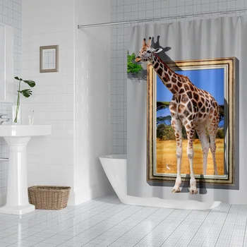Græsning giraf polyester trykte vandtæt badeforhæng badeværelse partition gardin fabrikken direkte salg