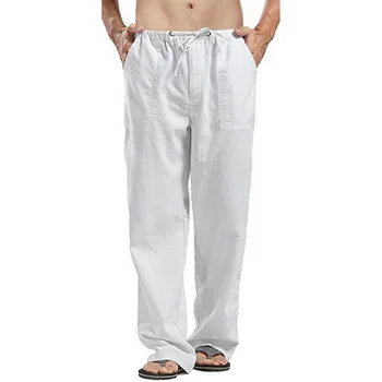 2020 mænds naturlige bomuld, linned bukser sommer bukser casual mænds solid elastik i taljen lige løs bukser