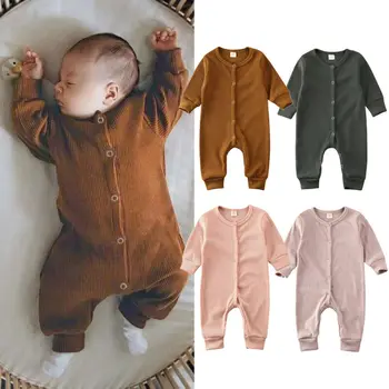 Nyfødte Baby Boy Tøj, Solid Ribbede Romper Korte Buksedragt med Lange Ærmer O-Hals Baby Sparkedragt Unisex Baby Bomuld Tøj 0-18M