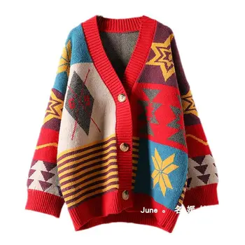 Koreanere Enkelt Breasted Strik Sweater Vintage Plaid Hit Farve Patchwork Jumper Nye Kollegium Kvinder Cardigan Med V-Hals Lange Ærmer
