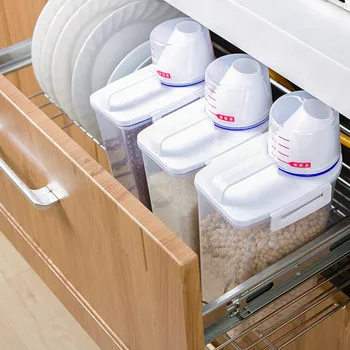 Køkken Låg Fødevarer Ris Organizer Portable Korn spand med målebæger tank, 2L ris Dispenser Butik opbevaringsboks