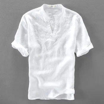 Italien brand linned skjorter mænd sommeren solid hvid hør-shirt herre broderi mænd casual skjorte i stor størrelse shirts mandlige camiseta