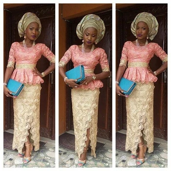 2019 Aso Ebi Stil Prom Kjoler To Stykker Side Split Half Sleeve Flæsekanter Blonder Nigerianske Aften Kjoler Havfrue Afrikanske Formelle Slid