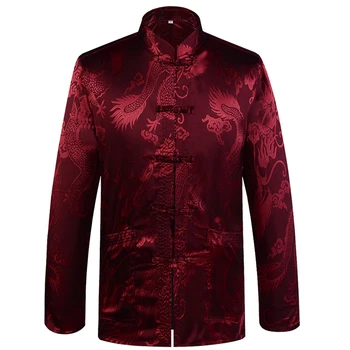 Brand Designer Kinesisk Traditionel Mænds Satin Mandarin Collar Dragon Silke Tang Passer Tøj Kung Fu Jakke Frakke YZT1205