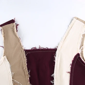Colorblock Patchwork Jeans Beskåret Tank Top Rippet Kvast Streetwear Kvinder Vintage Lynlås I Ryggen Denim Vest Slank Camis