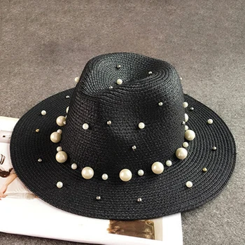 2019 Nye Sommer Britisk perle perlebesat fladskærms skygget strå hat, Skygge, solhat Dame strand, hat, Solcreme mode jazz cap
