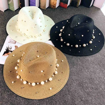 2019 Nye Sommer Britisk perle perlebesat fladskærms skygget strå hat, Skygge, solhat Dame strand, hat, Solcreme mode jazz cap