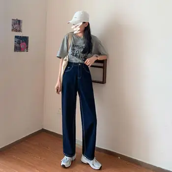 Jeans Kvinder Løs Bred Ben Afslappet i Fuld længde koreansk Stil Alle-match Enkle Høj Talje, Baggy Solid Mode Komfortabel Nye Smarte