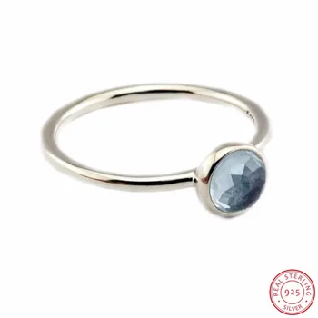 Ægte 925 Sterling Sølv Marts Dråbe Birthstone Aqua Blue Crystal Ringe til Kvinder Smykker Renhed og Ærlighed FLR102(3)