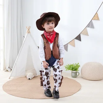 Baby dreng Børn Småbørn Halloween kostume cowboy 5-pc, der passer purim begivenhed Ferie outfits, Hat, Tørklæde Shirt talje-coat Bukser