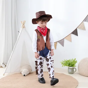 Baby dreng Børn Småbørn Halloween kostume cowboy 5-pc, der passer purim begivenhed Ferie outfits, Hat, Tørklæde Shirt talje-coat Bukser