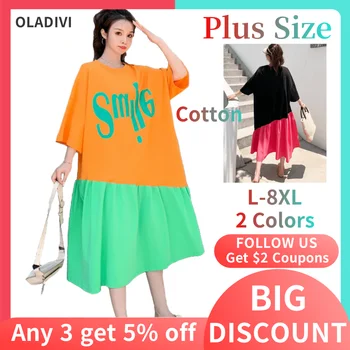 Oladivi Plus Size Bomuld Kjoler til Kvinder 4XL 5XL 6XL 7XL 8XL Mode Brev Print Patchwork-Shirt Kjole Afslappet Oversize Tunika
