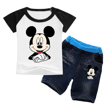 Sommeren Tegnefilm Mickey Print Børn Tøj Sæt Baby Dreng Pige kortærmet T-Shirt+Shorts Top Tee, Jeans Denim 2stk Passer Børn