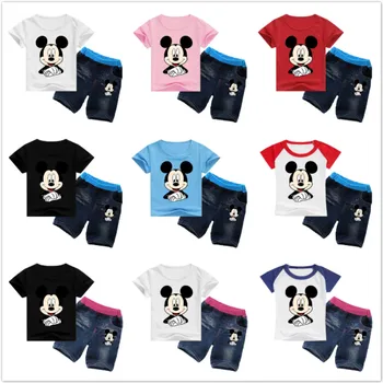 Sommeren Tegnefilm Mickey Print Børn Tøj Sæt Baby Dreng Pige kortærmet T-Shirt+Shorts Top Tee, Jeans Denim 2stk Passer Børn