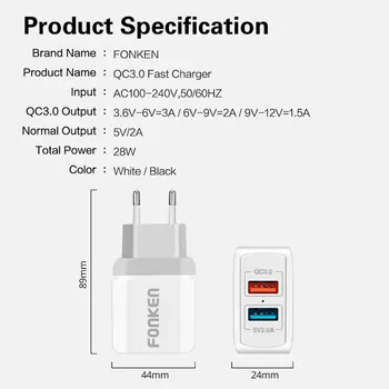 FONKEN Hurtig Opladning 3.0 2 Port 28W QC3.0 Dual USB Oplader til Bærbare Travel Adapter, for Xiaomi Samsung Mobiltelefon-Oplader