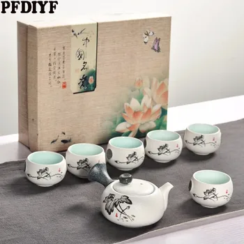 7Pcs Søde Broderede Fugl Te Sæt Kreative Kung Ku Tepotte Kop Sæt Japansk Stil Tyk Keramik Teaware Som Gaver