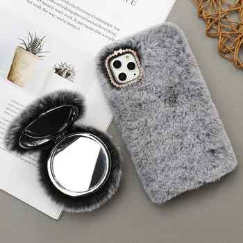 Pige Faux Fur Telefon-etui til IPhone 12 Mini SE 2020 11 Pro XS Antal XR-X 6 6S 7 8 Plus Aftageligt Spejl Bling Blød Silikone Cover