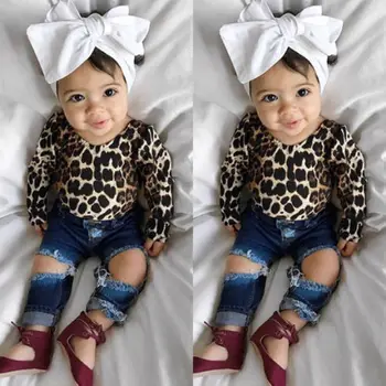 2STK Kids Baby Piger Outfits Leopard Toppe, Nederdele + Hul Jeans Bukser Tøj AU