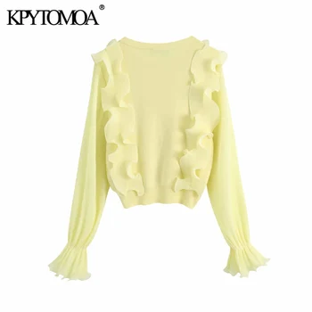 KPYTOMOA Kvinder 2020 Mode Med Pjusket Patchwork Strikket Sweater Vintage O-Hals Lange Ærmer Kvindelige Pullovere Smarte Toppe