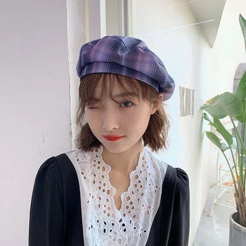 Hjelme Kvinder Smarte Plaid Lilla Vintage Enkle Grundlæggende Sommer Efterår Teens Hatte Elegante Harajuku Mode Koreansk Dame Beret Caps