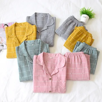2020 Frisk plaid japansk nattøj kvinder pyjamas sæt spring ny bomuld langærmet nattøj kvinder pyjamas homewear