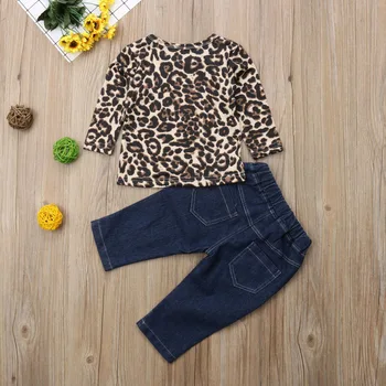2stk Efteråret Tøj Til Piger 2018 Toddler Baby Pige langærmet Leopard Printet Toppe Shirt+Revet Hul Denim Bukser Kids Tøj