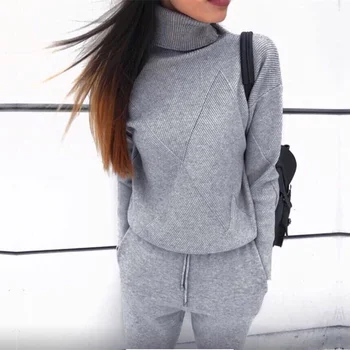 2020 Vinter Strikkede Træningsdragt Rullekrave Afslappede Sweatshirts, Der Passer Kvinder Tøj 2 Delt Sæt Strik Bukser Sportslige Suit Female
