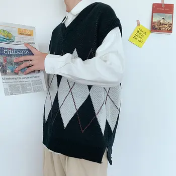 Sweater Vest Mænd Patchwork V-hals uden Ærmer Trøjer Preppy Style Side-Spalte Par Teenagere Vest Retro Trøjer