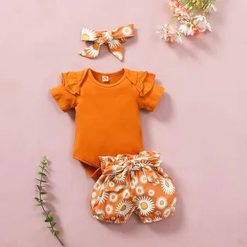 40# Baby Børn Piger Tøj, Kort-langærmet ensfarvet Pjusket Top + Lille Daisy Print Shorts + Tre-stykke Hovedbånd Sæt