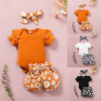 40# Baby Børn Piger Tøj, Kort-langærmet ensfarvet Pjusket Top + Lille Daisy Print Shorts + Tre-stykke Hovedbånd Sæt