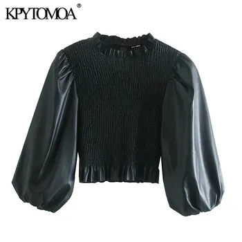 KPYTOMOA Kvinder Mode Faux Læder Elastisk Smocked Beskåret Bluser Vintage Tre Kvart Ærme Pjusket Kvindelige Skjorter Smarte Toppe