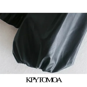 KPYTOMOA Kvinder Mode Faux Læder Elastisk Smocked Beskåret Bluser Vintage Tre Kvart Ærme Pjusket Kvindelige Skjorter Smarte Toppe