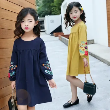 Piger Tøj Kjoler 2018 Efteråret Nye Kinesiske Stil Lange Ærmer Broderet Solid Farve Knæet-Længde børnetøj Kjoler