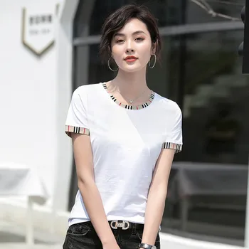 Ny 2020-kortærmet T-shirt til Kvinder koreansk Stil Populære Rund Hals Syninger Slim Enkel Top til Kvinder, Tøj, t-Shirt Femme