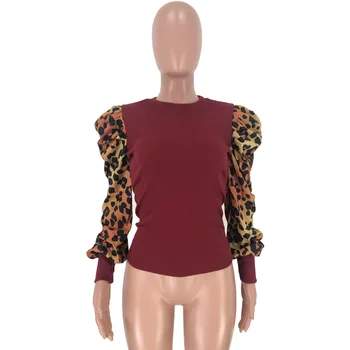 Casual Leopard Print Sweater Puff Ærme Top Strikket Femme Efteråret Og Vinteren For Kvinder Kontor Dame Sort Bourgogne-Blå