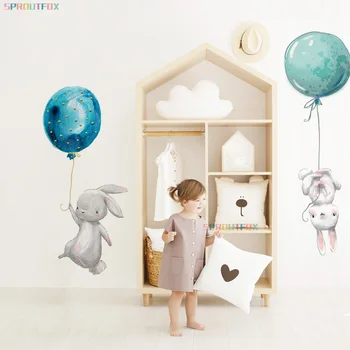 Søde Farverige Ballon Bunny wallsticker til børneværelset Baby Planteskole Dekoration Kanin Klistermærker Aftagelige Tapet Pige Gave