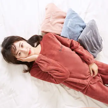 Pyjamas Sæt Homewear Kvinder Pyjama Plus Size Sexet Varmt Flannel Bukser Vinter Nattøj Femme Lækkert Tøj