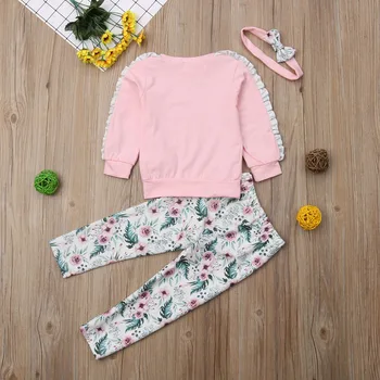 2018 Efterår og Vinter Søde Smukke Spædbarn Baby Piger Tøj 3stk Flæser Ærme Brev Floral Pink Pullover Tops+bukser+pandebånd