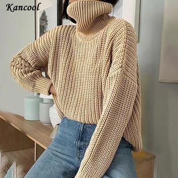 KANCOOL Nye Efterår og Vinter Strikkede Turtleneck Sweater Kvinder Tyk Lang Oversize Trøjer Kvinder Solid Cashmere Trøjer koreansk