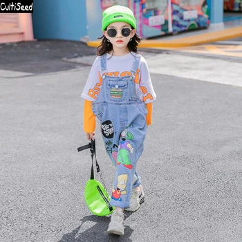 Cultiseed Girls Cartoon Print Denm Jeans Overalls Store Børn Koreanske Pige Løs Casual Jumpsuits Rompers Kids Jeans Overalls
