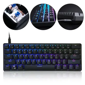 RGB-LED-Baggrundsbelyst Kablede Mekanisk Tastatur,Bærbare Kompakt Vandtæt Mini Gaming Tastatur 61 Taster Gateron Switchs for PC-Mac