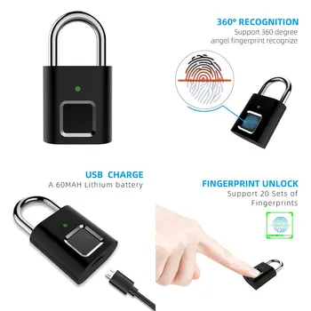 Sikkerhed-dørlås Smart Keyless USB-Genopladelige Fingeraftryk Hængelås Til Skabet Intelligente Hjem Nøglefri Låse
