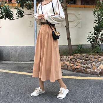 Elegant og Solid Midi-Plisseret Nederdel Med Bælte Kvinder Foråret Sort Høj Talje A-line Nederdele Damer koreanske Harajuku-Skole Lang Nederdel