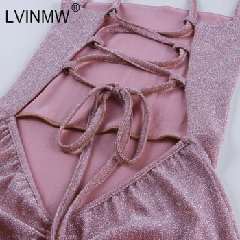 LVINMW Sexet Pink Black Lace Up Cross Ankel-Længde Slank Party Dress Kvindelige Mode Skinnende Slash Hals Side Split Hule Kjole